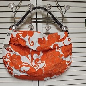 NWT Saks Fifth Avenue Orange and White Floral Slouchy Style Shoulder Bag Zipper